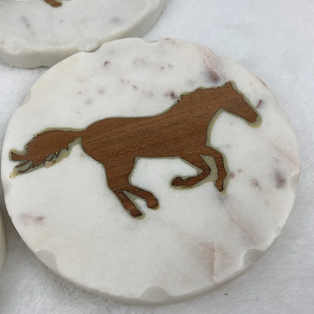 Boot Barn Ranch Wood Horse Inlay Marble Coaster Set of 4
